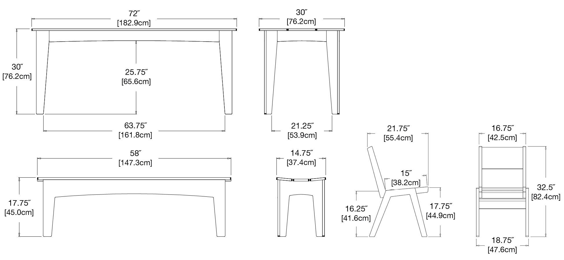 Alfresco Dining Table 72 with Bench and Chairs Set Dimensions