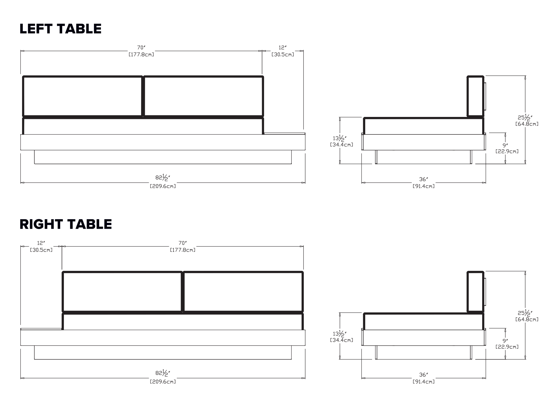 Platform One Sectional Sofa Left/Right Table Dimensions