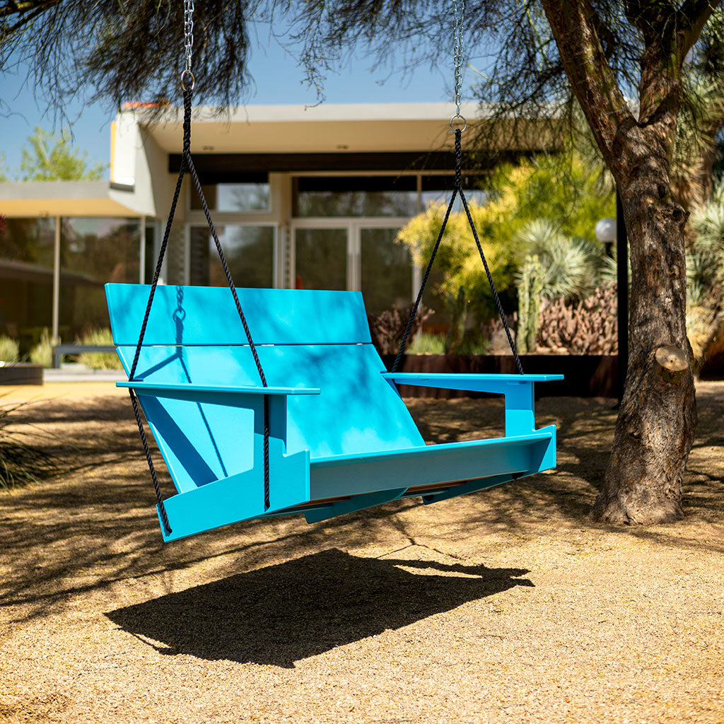 blue lollygagger porch swing installed