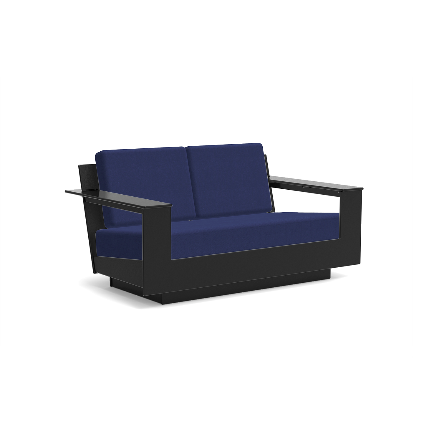 studio shot of nisswa loveseat in black with navy cushion