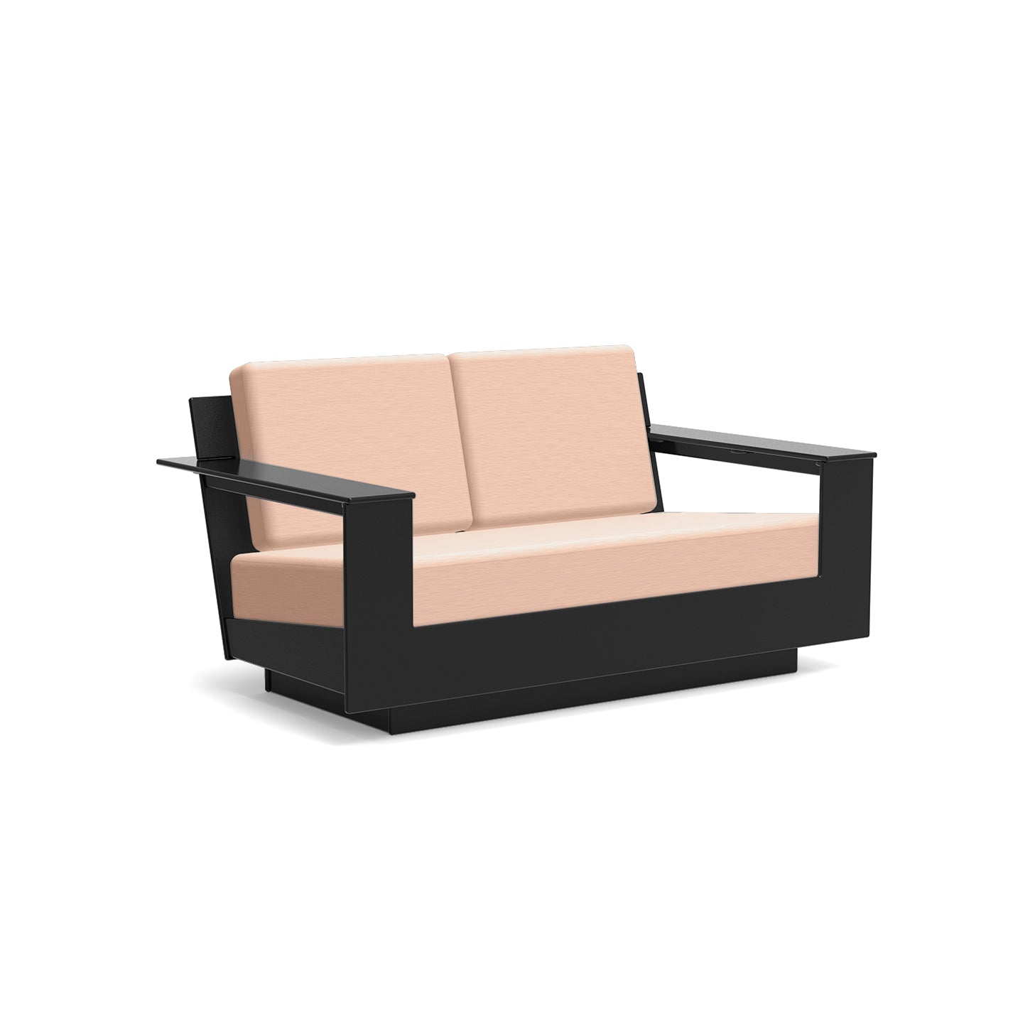 studio shot of nisswa loveseat in black with cast petal  cushion