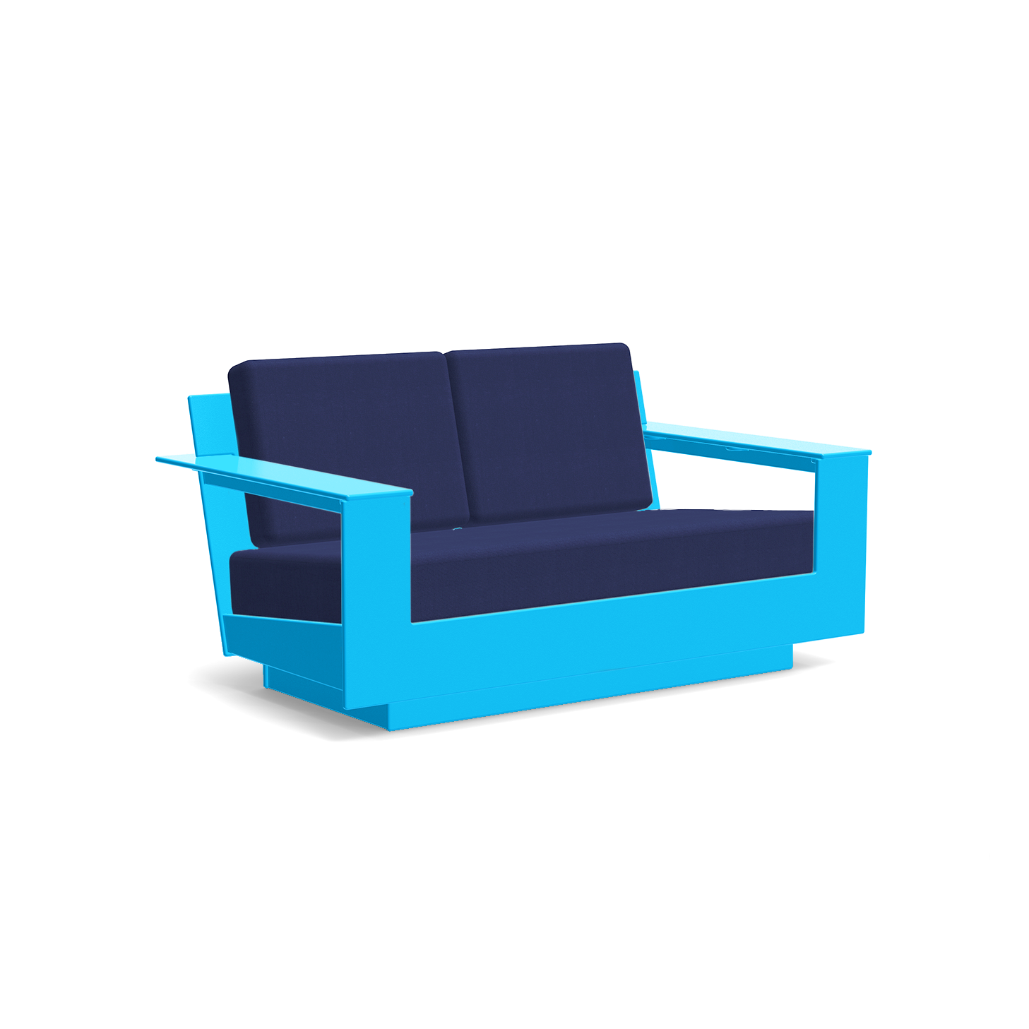 studio shot of nisswa loveseat in sky blue with navy cushion
