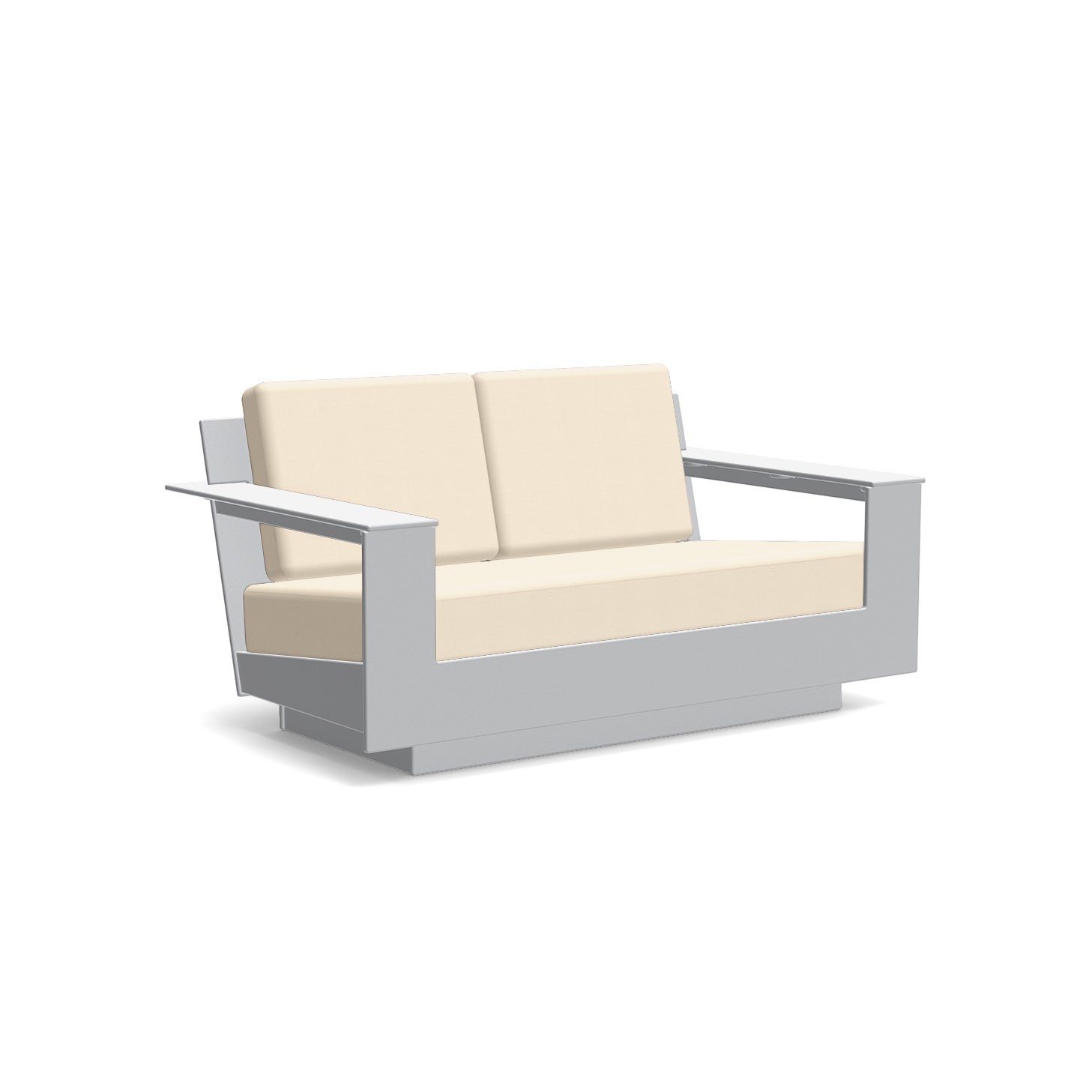 studio shot of nisswa loveseat in driftwood with flax cushion