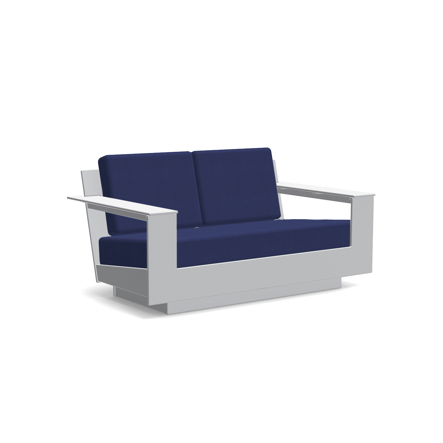 studio shot of nisswa loveseat in driftwood with navy cushion