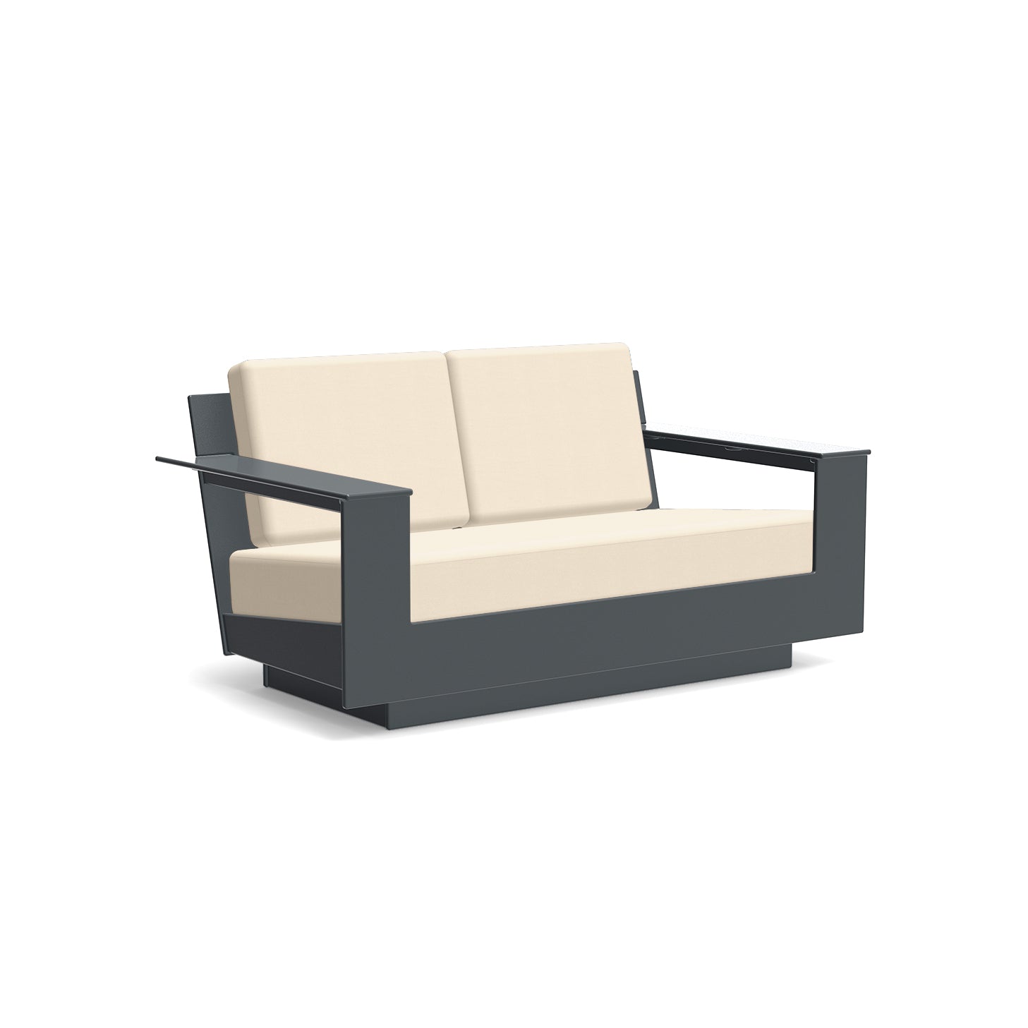 studio shot of nisswa loveseat in charcoal with flax cushion