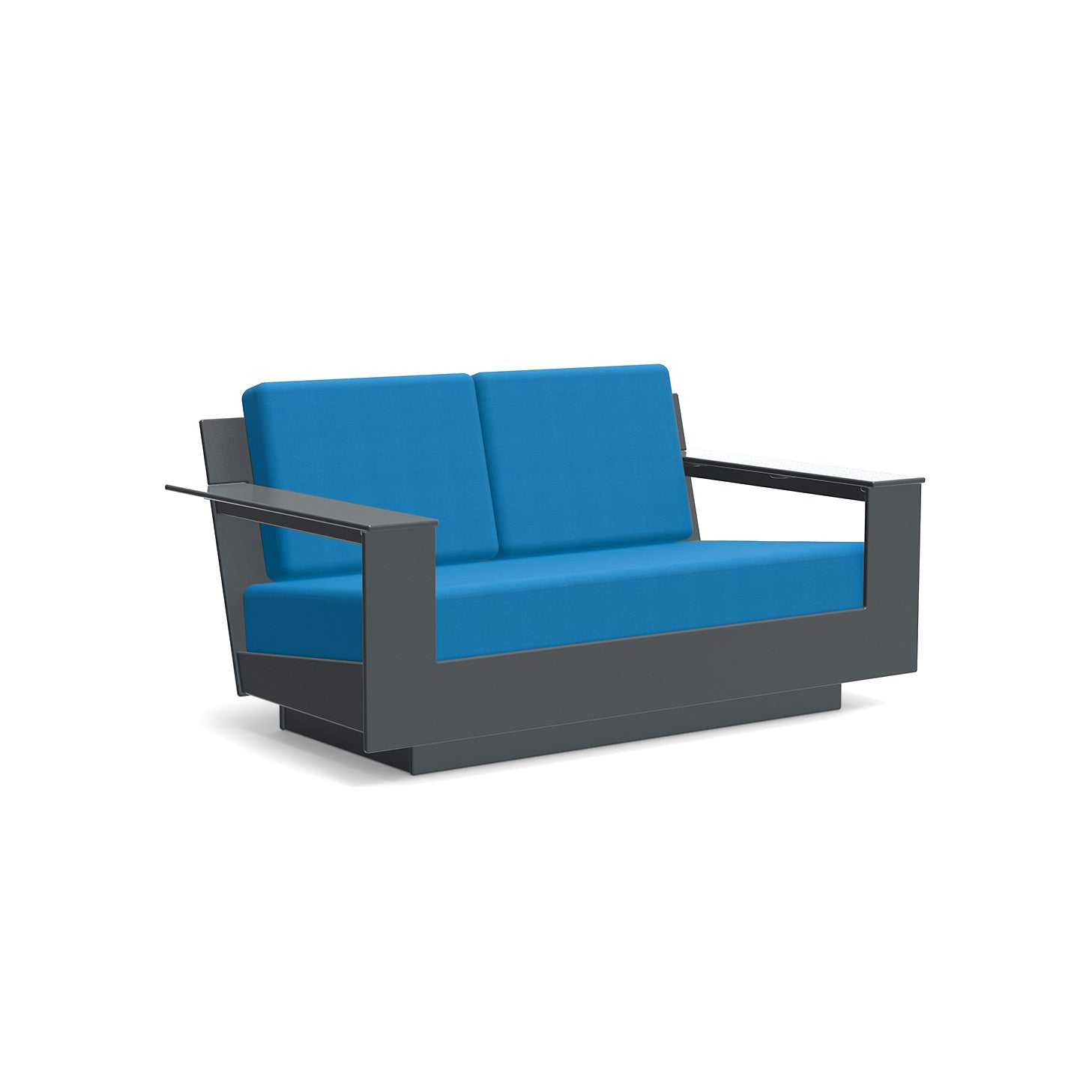 studio shot of nisswa loveseat in charcoal with regatta blue cushion