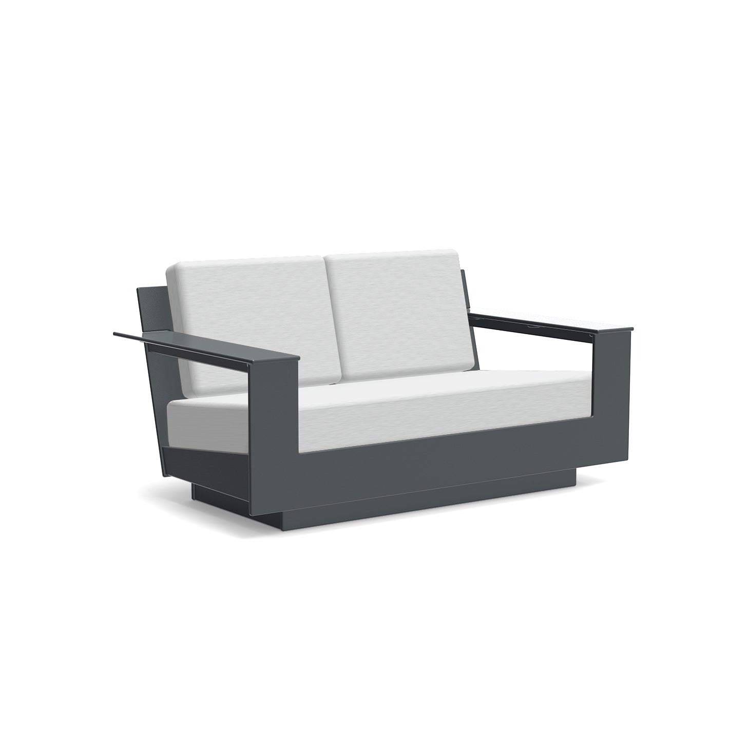 studio shot of nisswa loveseat in charcoal with silver cushion
