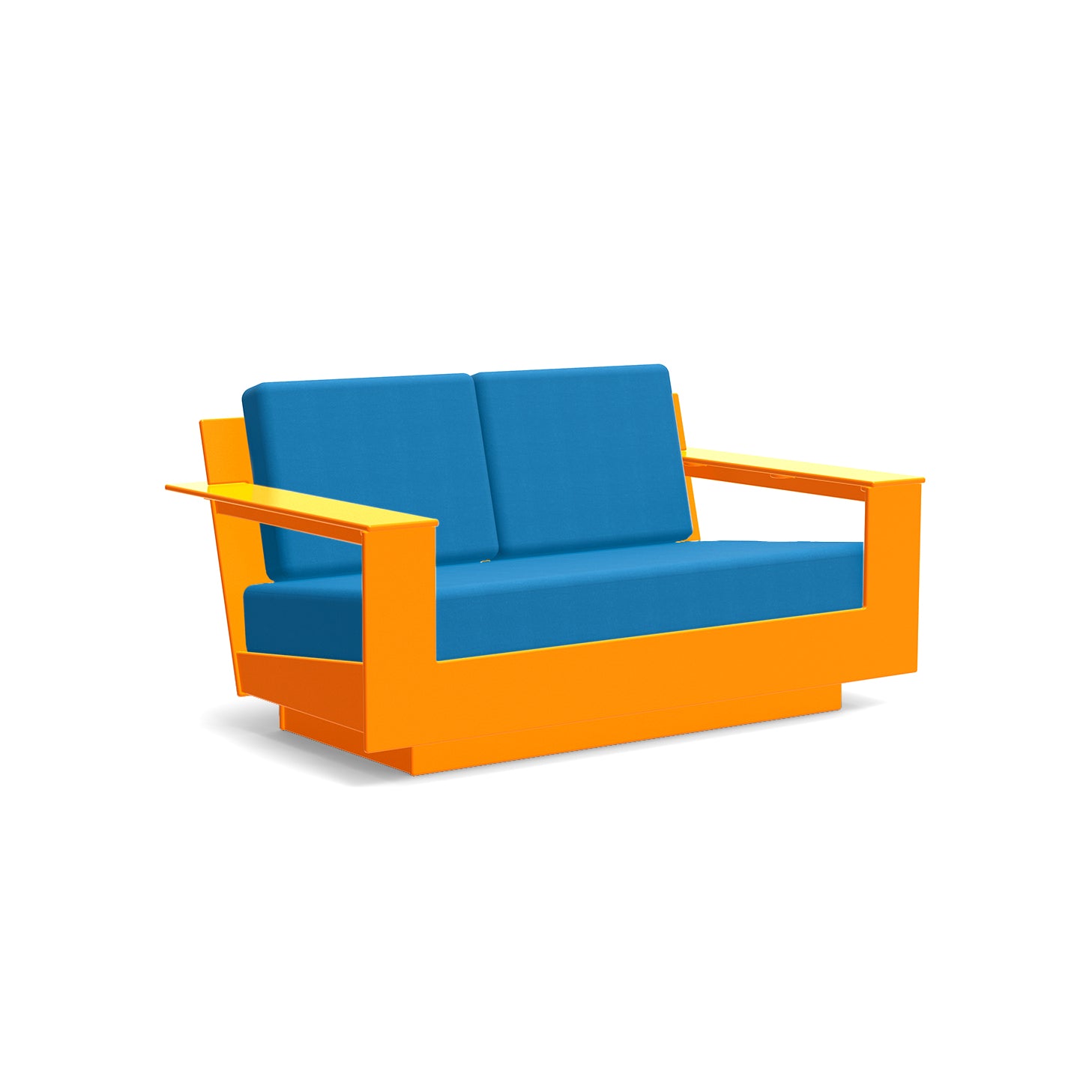 studio shot of nisswa loveseat in sunset orange with regatta blue cushion