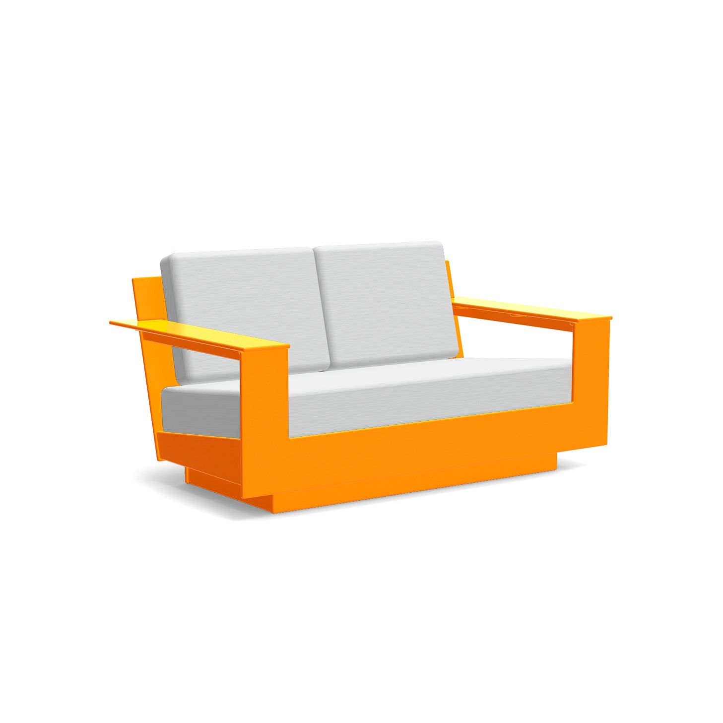 studio shot of nisswa loveseat in sunset orange with silver cushion