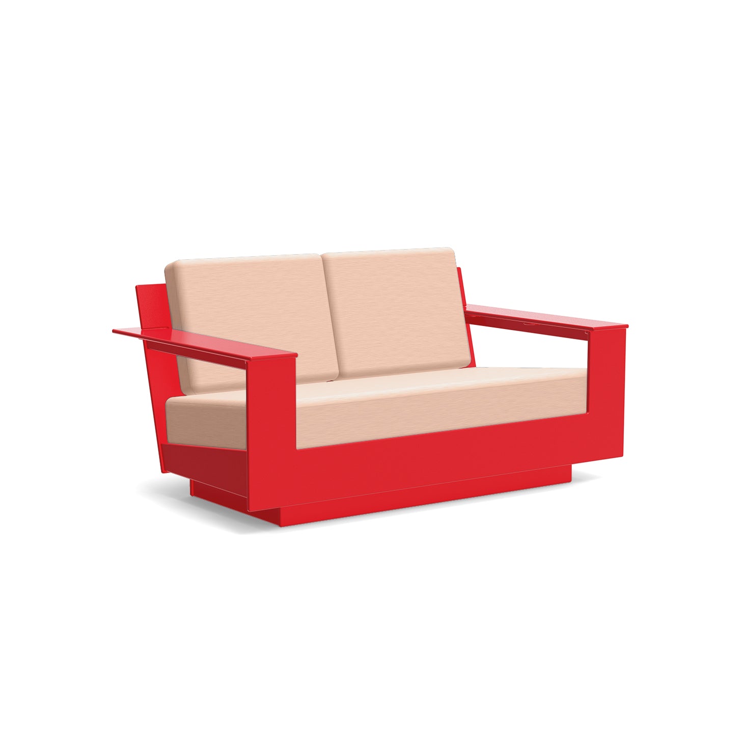 studio shot of nisswa loveseat in apple red with cast petal cushion
