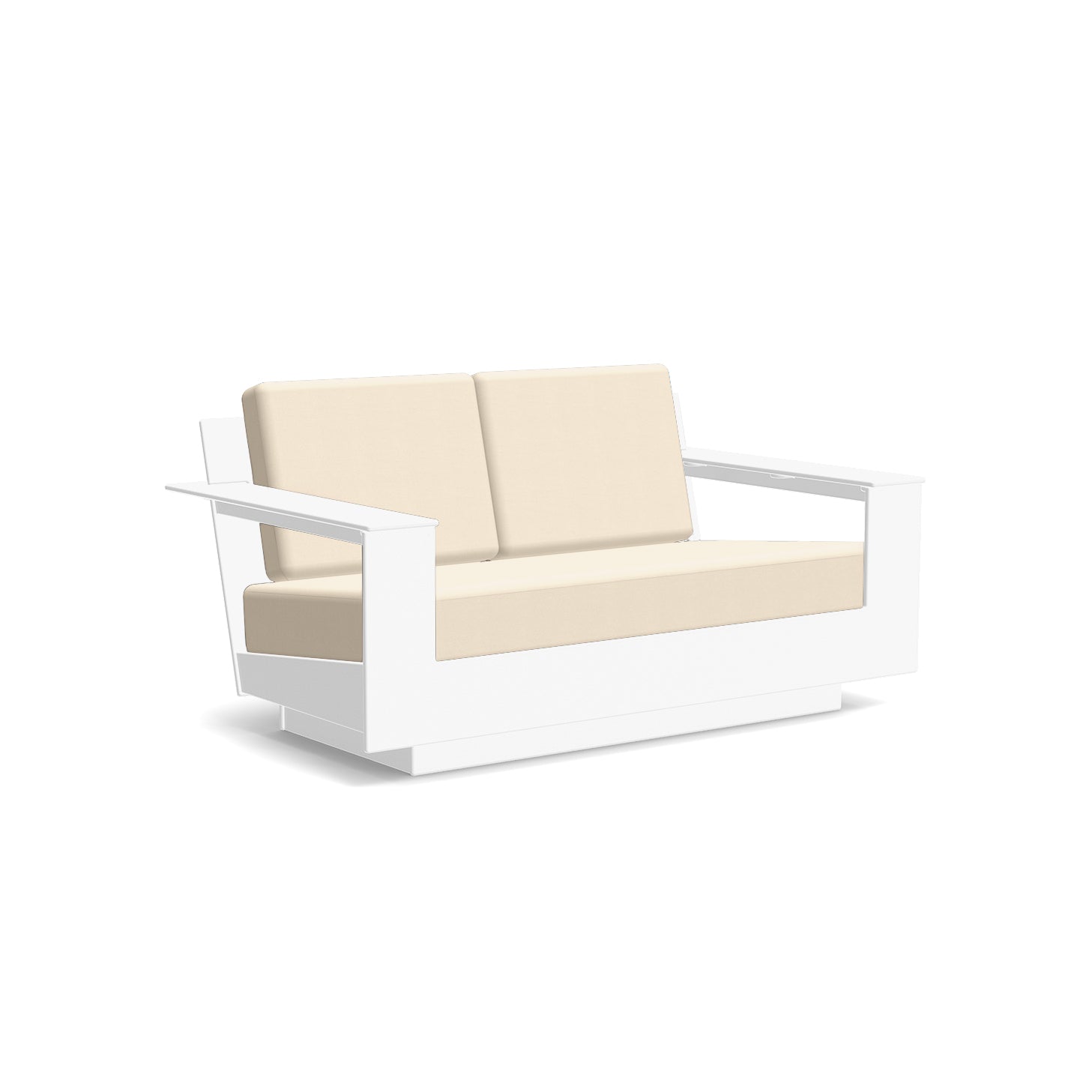 studio shot of nisswa loveseat in white with flax cushion