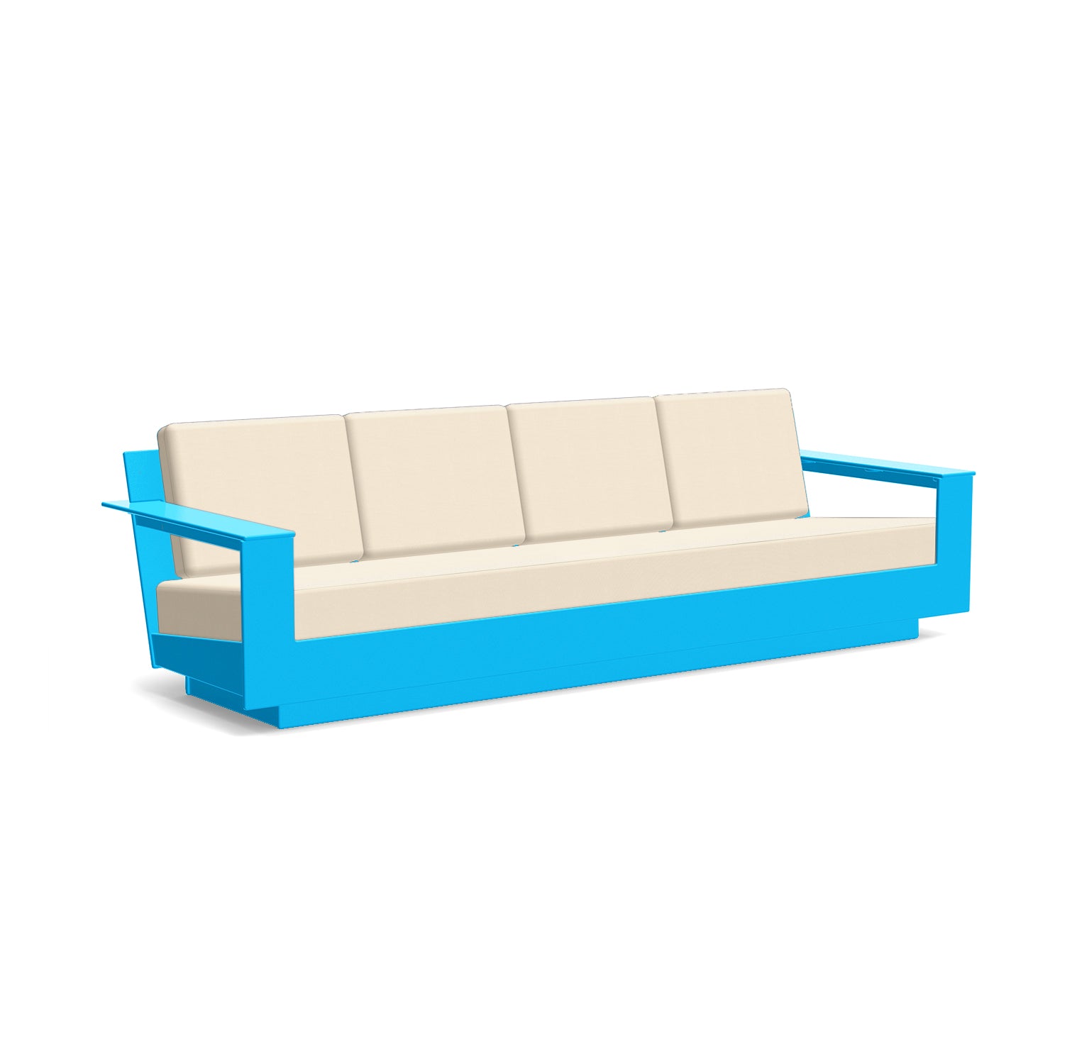 studio shot of nisswa 96 in sky blue with flax cushion