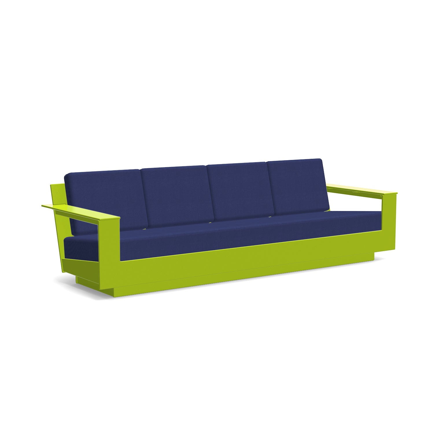 studio shot of nisswa 96 in leaf green with navy cushion