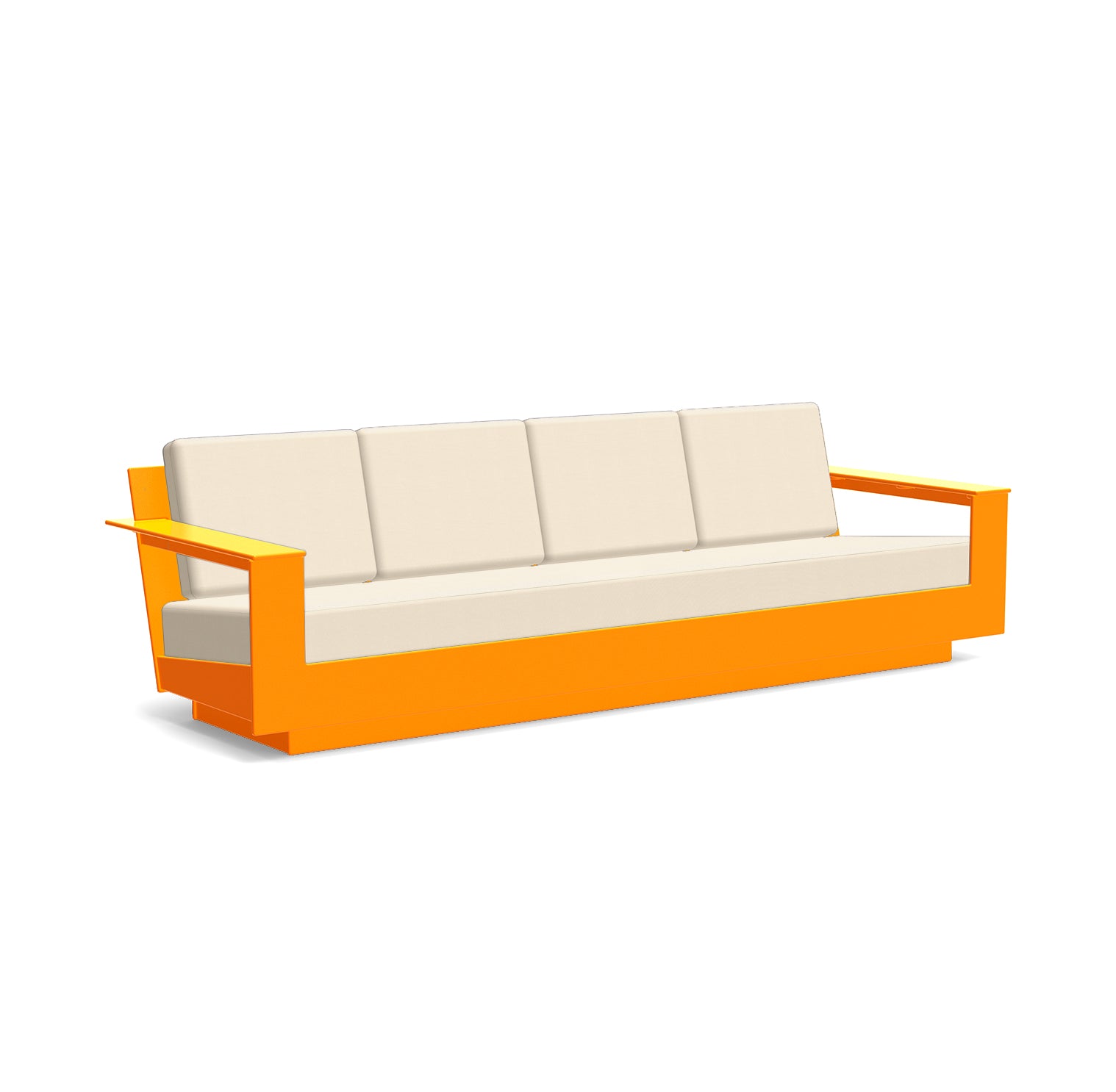 studio shot of nisswa 96 in sunset orange with flax cushion