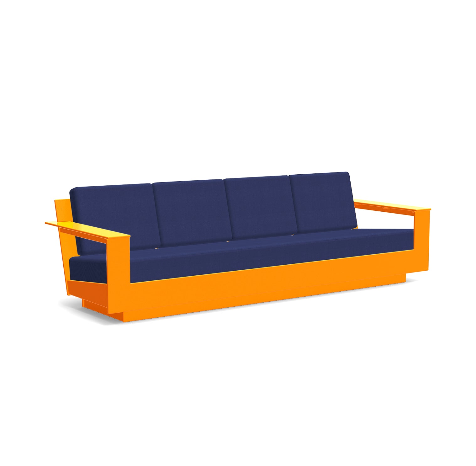 studio shot of nisswa 96 in sunset orange with navy cushion