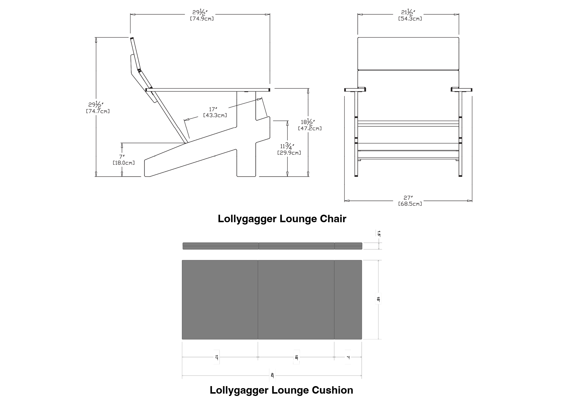 Black Lollygagger Lounges + Charcoal Lollygagger Lounge Cushions Bundle Dimensions