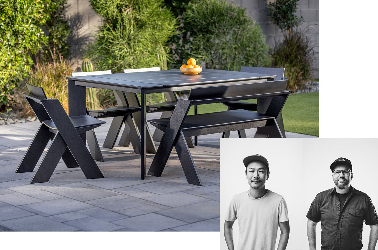Lifestyle image of a Here and There Dining Table with chairs and a Here and There Bench on a backyard patio. Overlapping the image is a photo if Churu and Ricky, designers from Argenta Park who partnered with Loll to create the Here and There Collection.