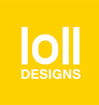Loll Designs square logo. "loll designs" is white font in yellow background.