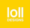 Loll Designs square logo. "loll designs" is white font in yellow background.