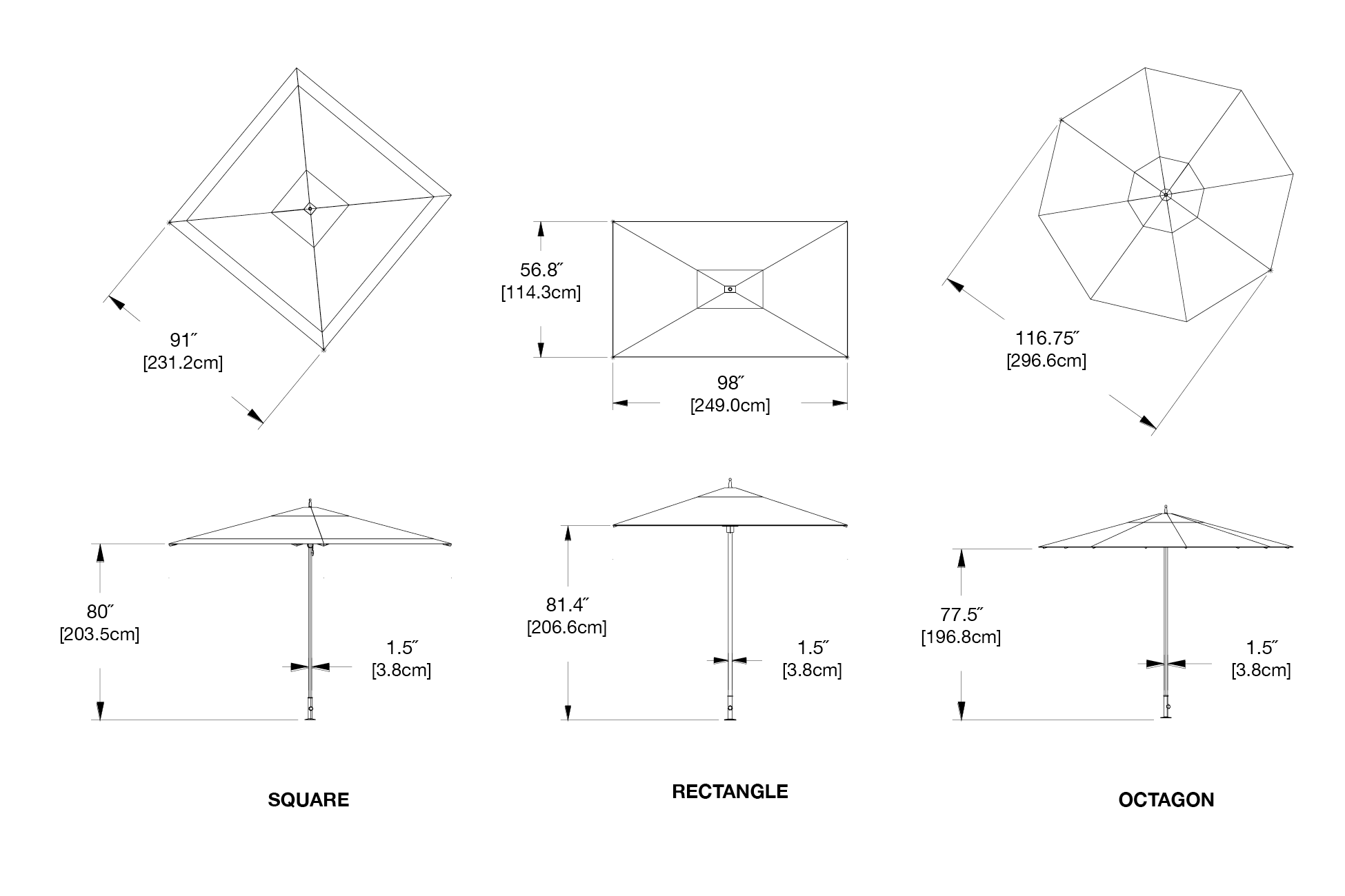 Octagon Loll Umbrella + Base Dimensions