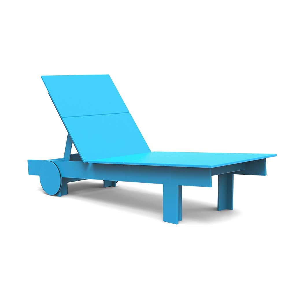 studio image of a sky blue tall chaise.