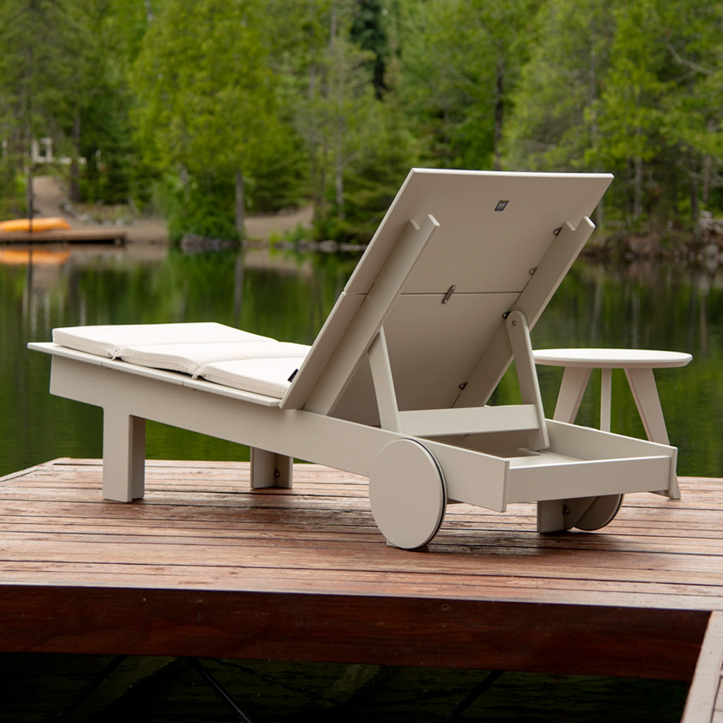 image of a fog chaise on a dock showing the back of the chaise
