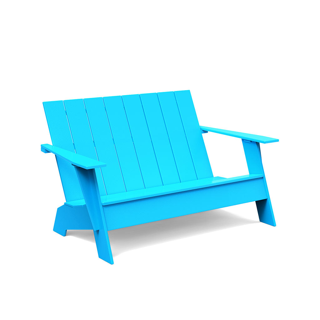 studio shot of sky blue adirondack bench
