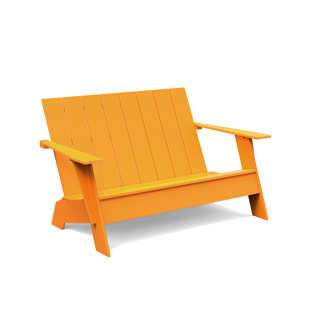 studio shot of sunset orange adirondack bench