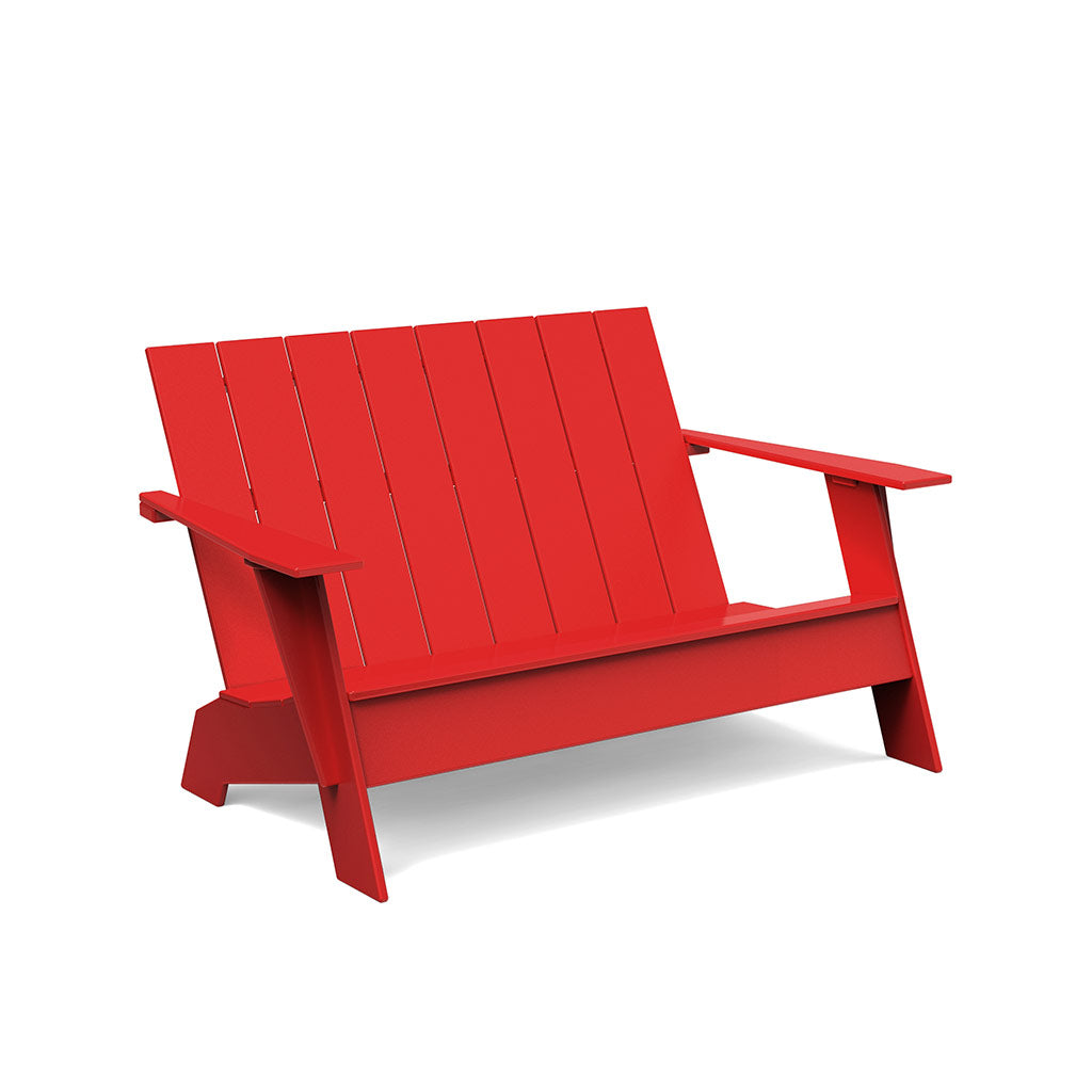 studio shot of apple red adirondack bench