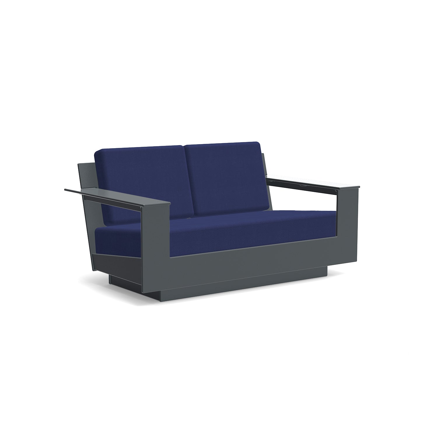 studio shot of nisswa loveseat in charcoal with navy cushion