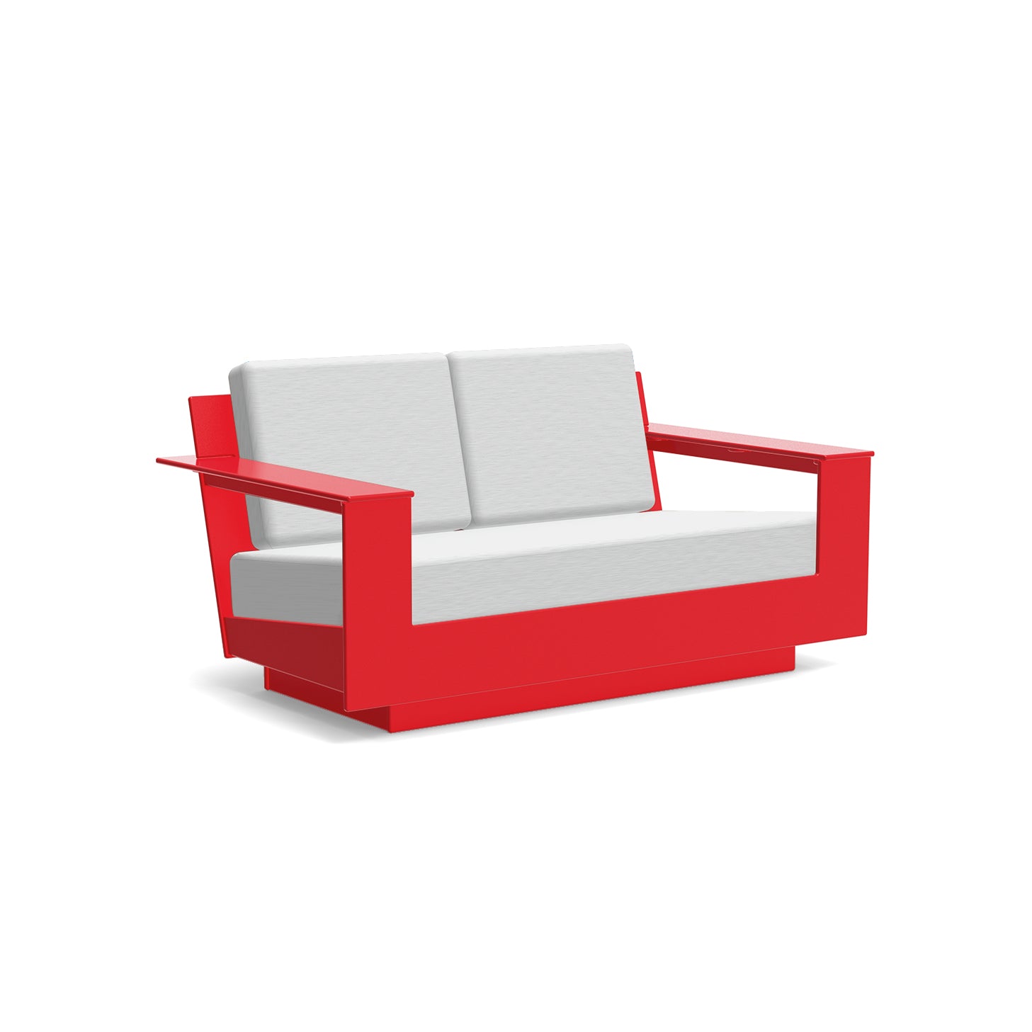 studio shot of nisswa loveseat in apple red with silver cushion