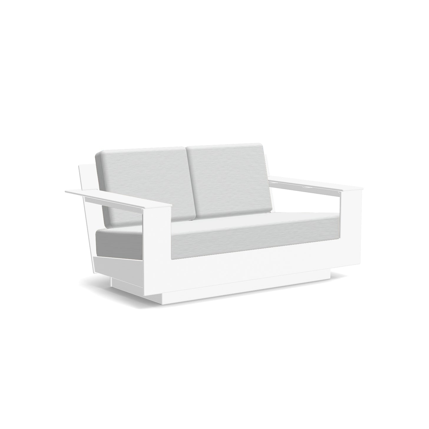 studio shot of nisswa loveseat in white with silver cushion